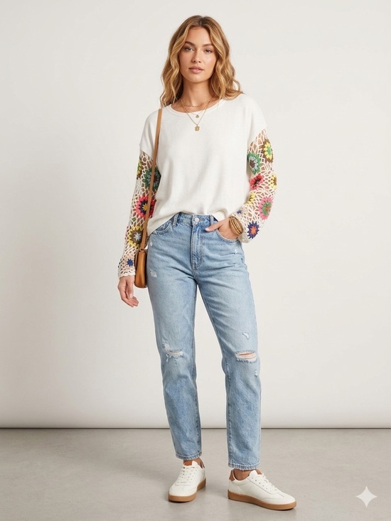 Umgee Tops - Umgee Ivory Crochet Sleeve Top Boho Floral Knit Sleeve Tee Lightweight LARGE